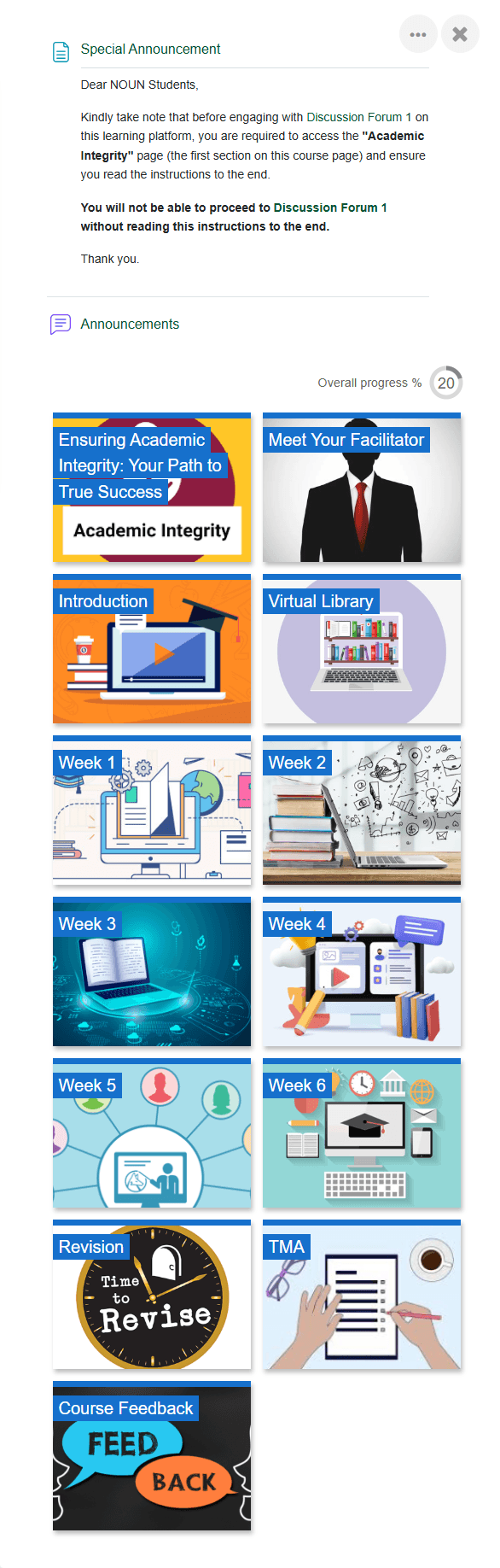 Observed NOUN eLearn course page showing stacked course sections including the TMA tile
