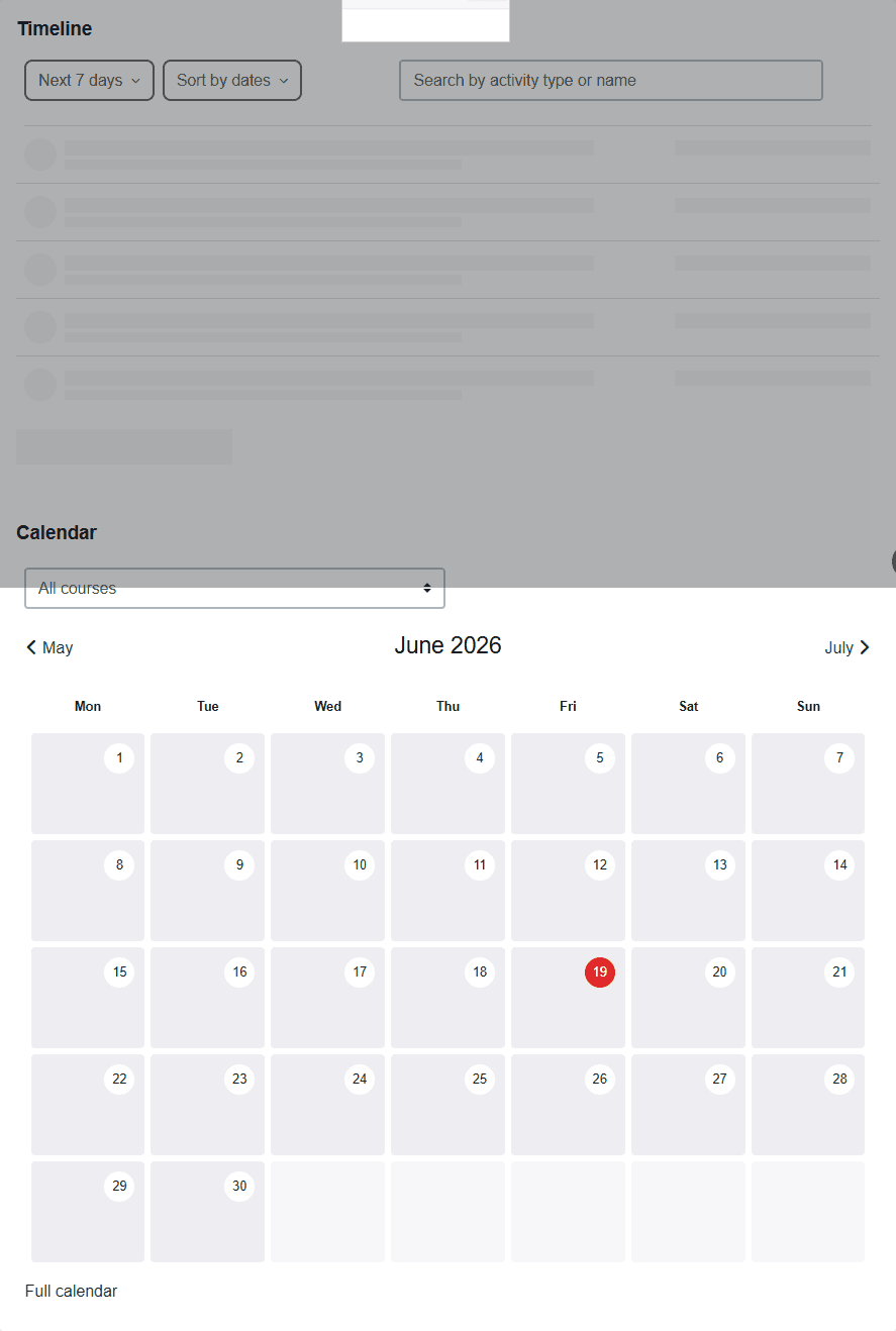 NOUN eLearn dashboard content area with timeline and calendar surfaces visible