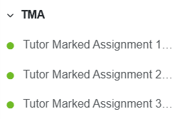 Observed NOUN eLearn TMA section listing TMA1 TMA2 and TMA3