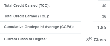 Observed ERP performance standing panel showing CGPA and class of degree